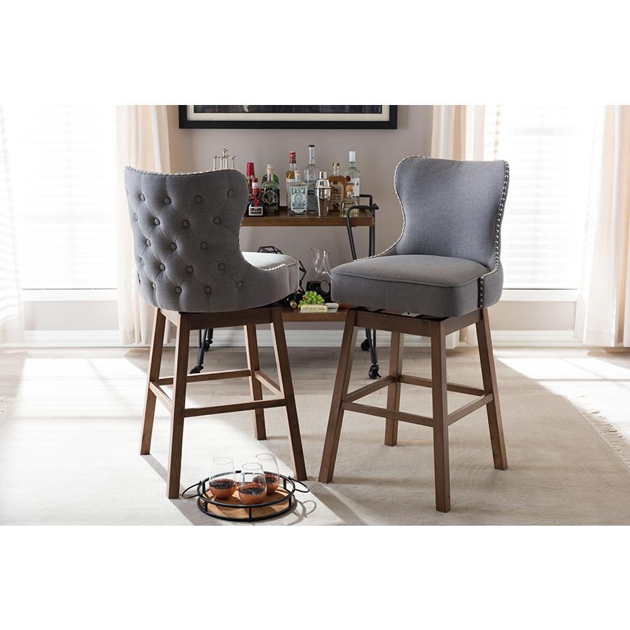 Grey Fabric Button-Tufted Upholstered 2-Piece Swivel Barstool Set. Picture 17