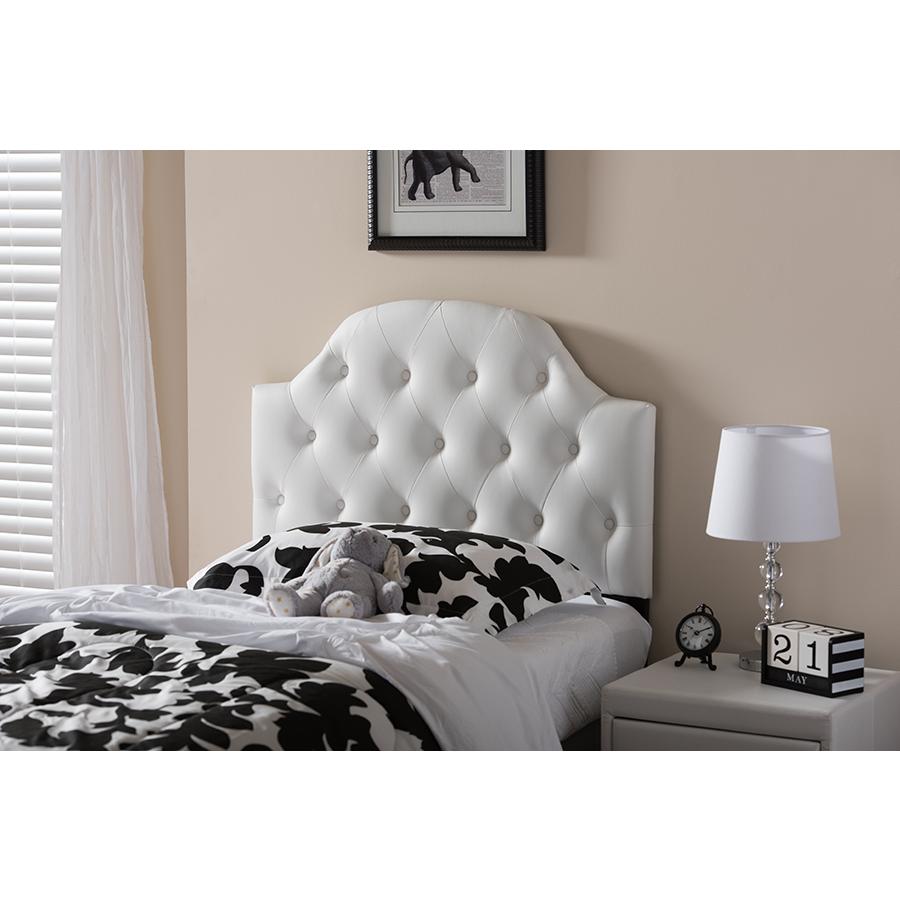 White Faux Leather Upholstered Button-Tufted Scalloped Twin Size Headboard. Picture 9