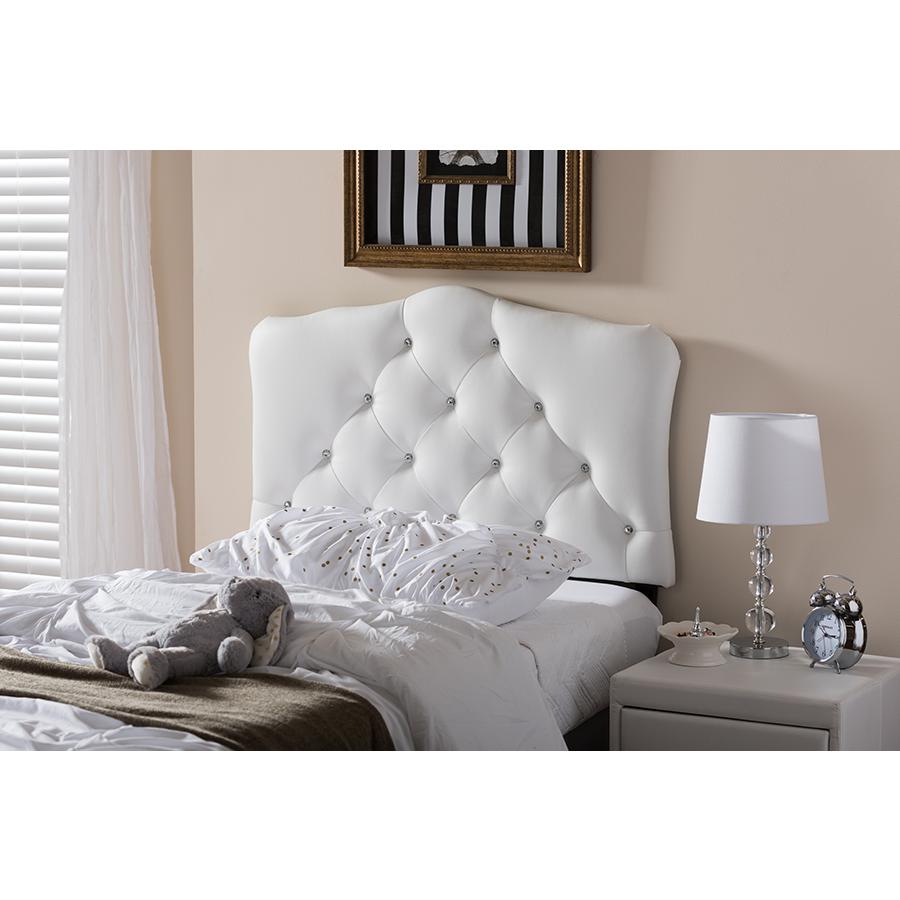 White Faux Leather Upholstered Button-Tufted Scalloped Twin Size Headboard. Picture 9