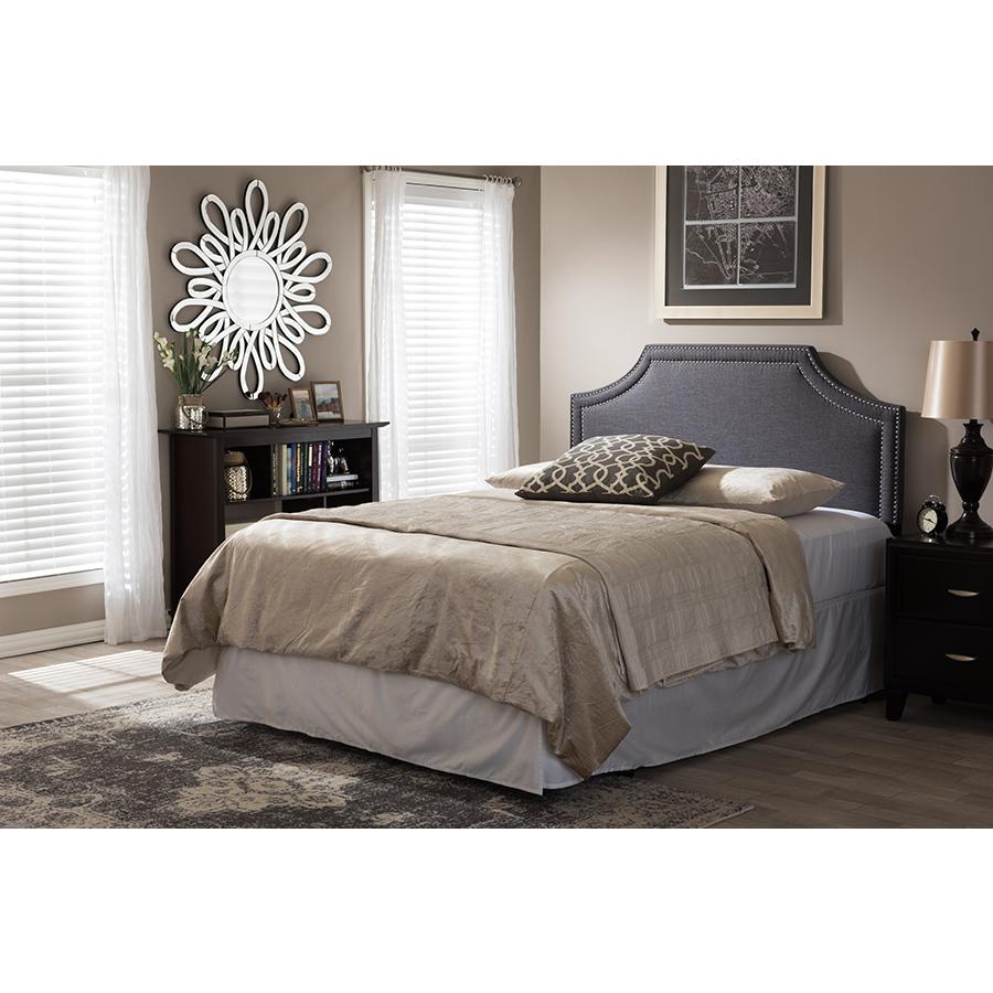 Avignon Modern and Contemporary Dark Grey Fabric Upholstered Full Size Headboard. Picture 9