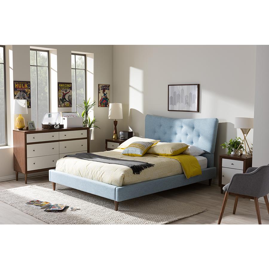 Baxton Studio Hannah Mid-Century Modern Sky Blue Fabric Queen Size Platform Bed. Picture 11