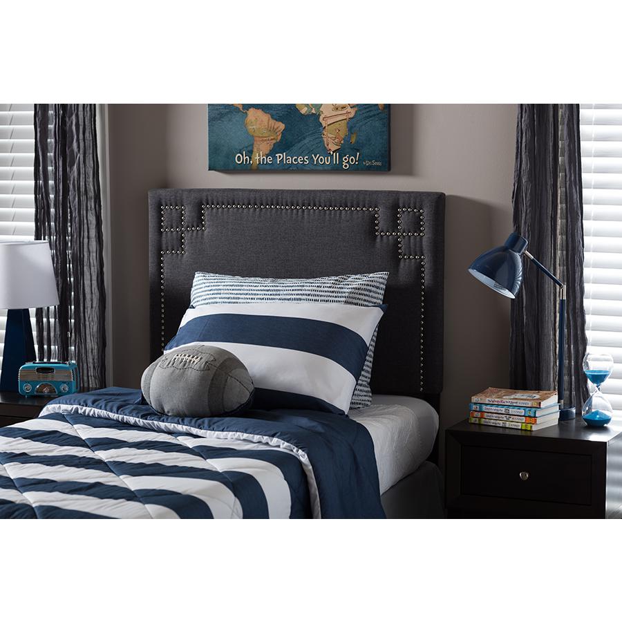 Geneva Modern and Contemporary Dark Grey Fabric Upholstered Twin Size Headboard. Picture 9