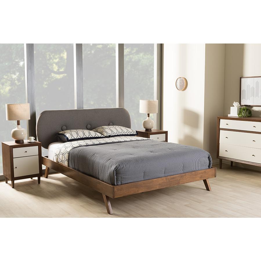 Solid Walnut Wood Grey Fabric Upholstered King Size Platform Bed. Picture 6