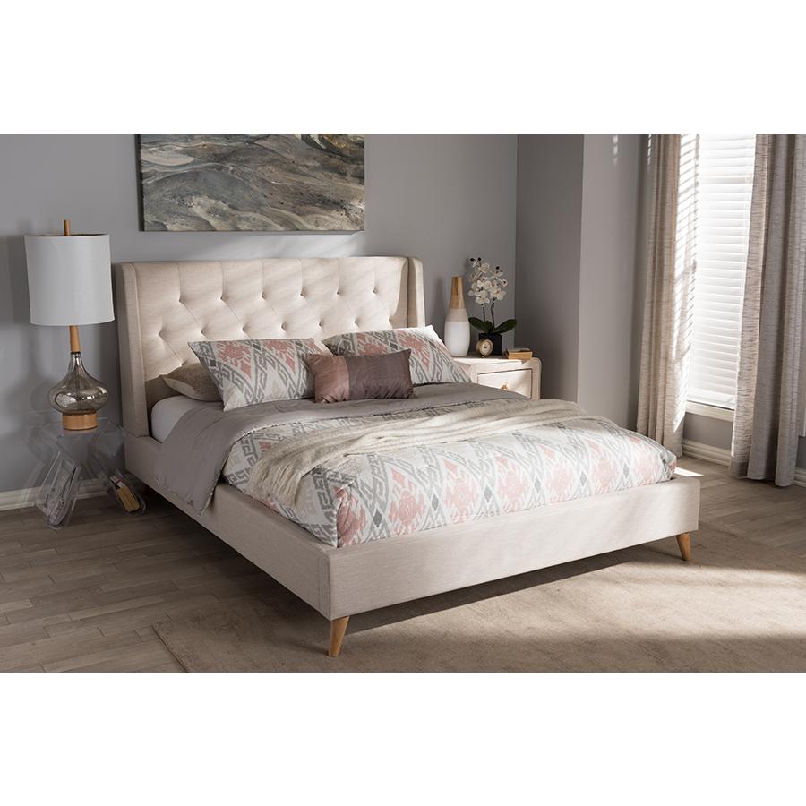 Adelaide Retro Modern Light Beige Fabric Upholstered Queen Size Platform Bed. Picture 6