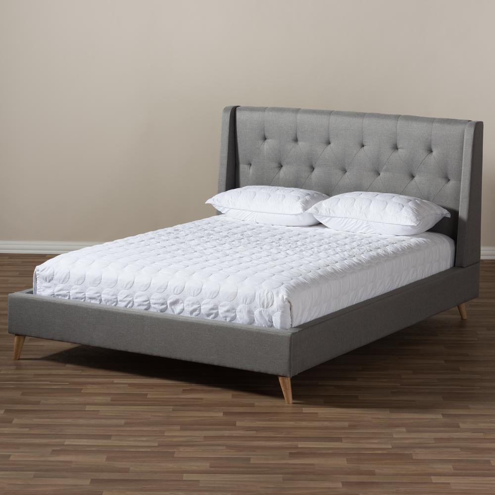 Adelaide Retro Modern Light Grey Fabric Upholstered King Size Platform Bed. Picture 15