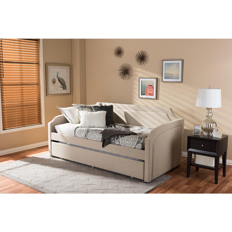 Fabric Curved Notched Corners Sofa Twin Daybed with Roll-Out Trundle Guest Bed. Picture 19