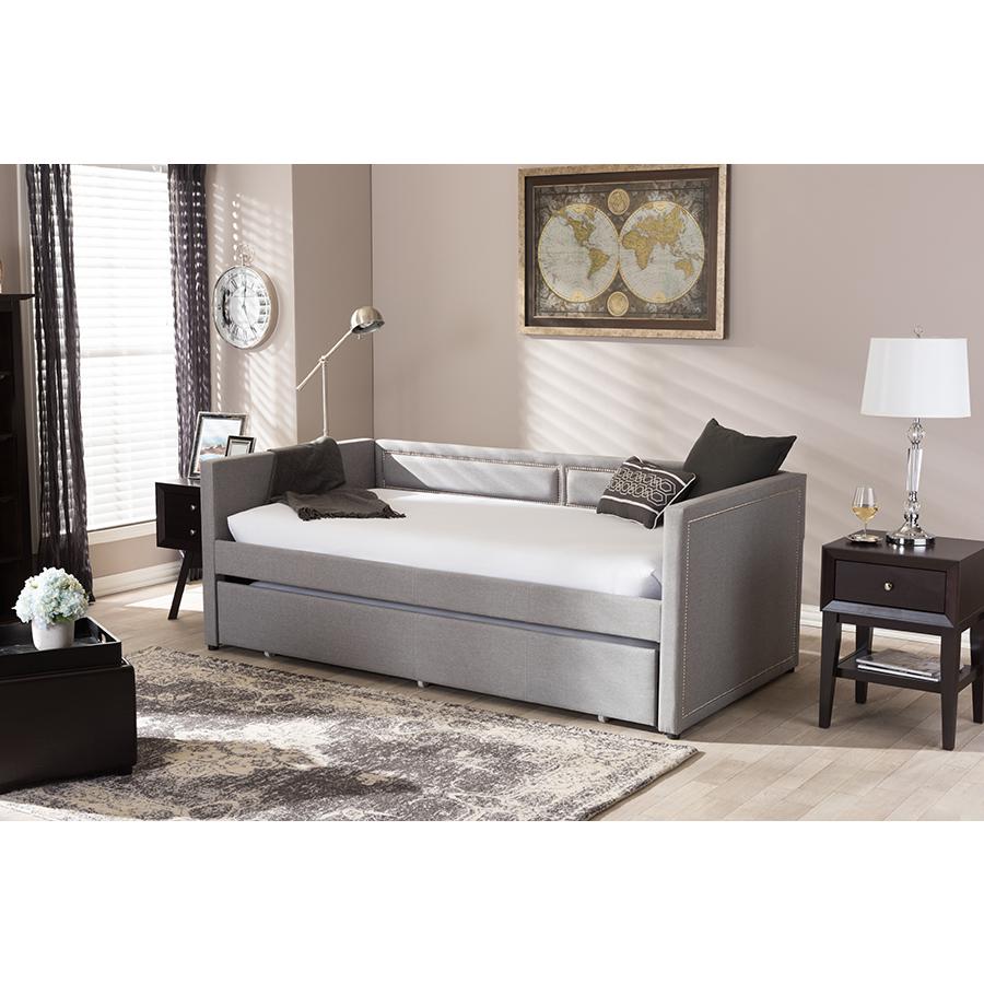 Grey Fabric Nail Heads Trimmed Sofa Twin Daybed with Roll-Out Trundle Guest Bed. Picture 19