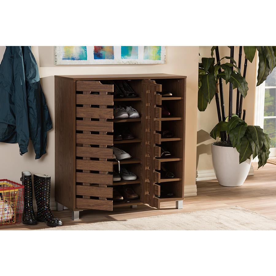 "Walnut" Medium Brown Wood 2-Door Shoe Cabinet with Open Shelves. Picture 13
