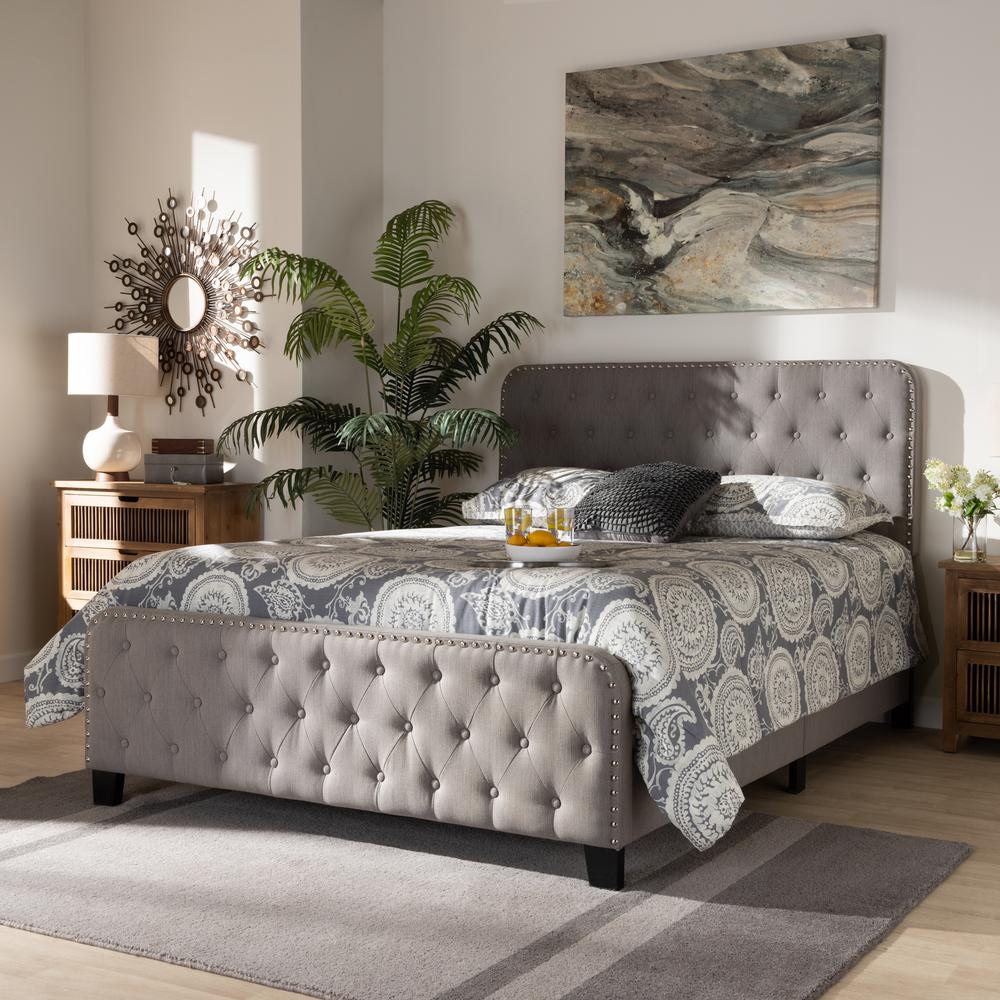 Transitional Grey Fabric Upholstered Button Tufted King Size Panel Bed. Picture 16