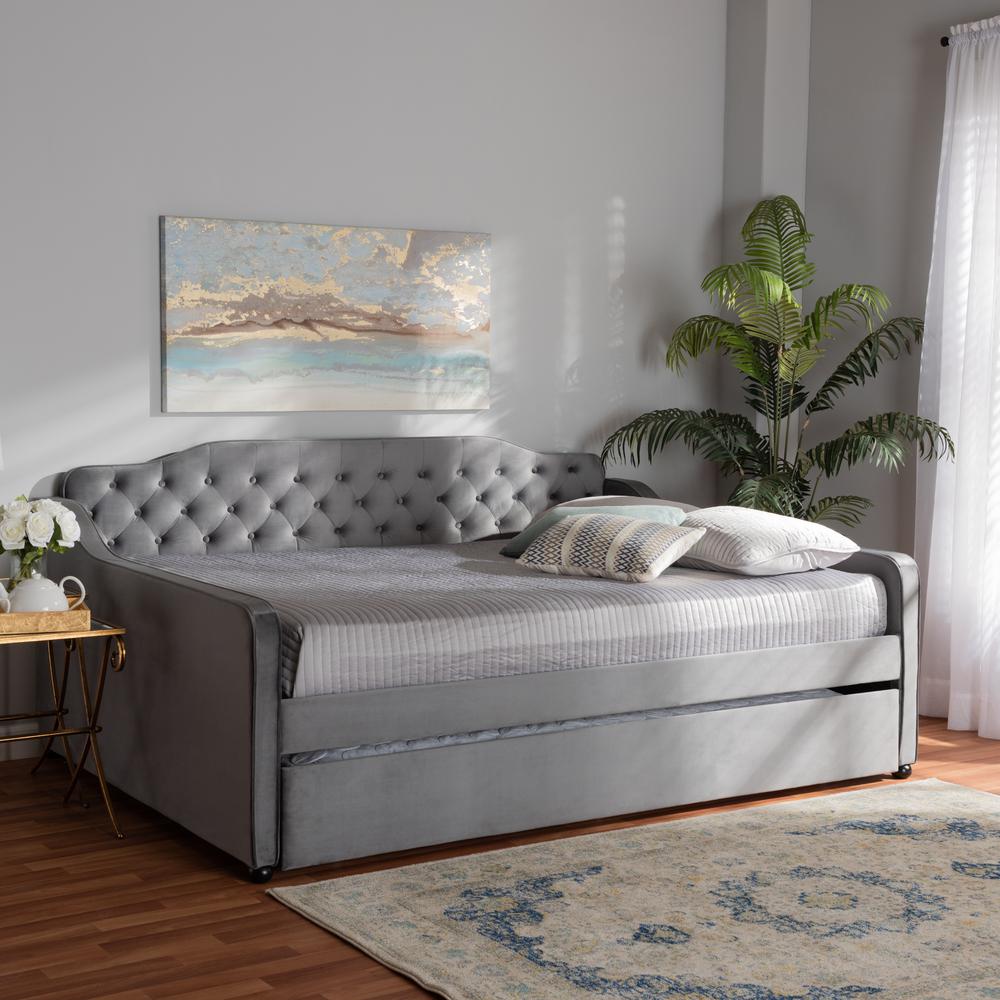 Grey Velvet Fabric Upholstered and Button Tufted Queen Size Daybed with Trundle. Picture 20