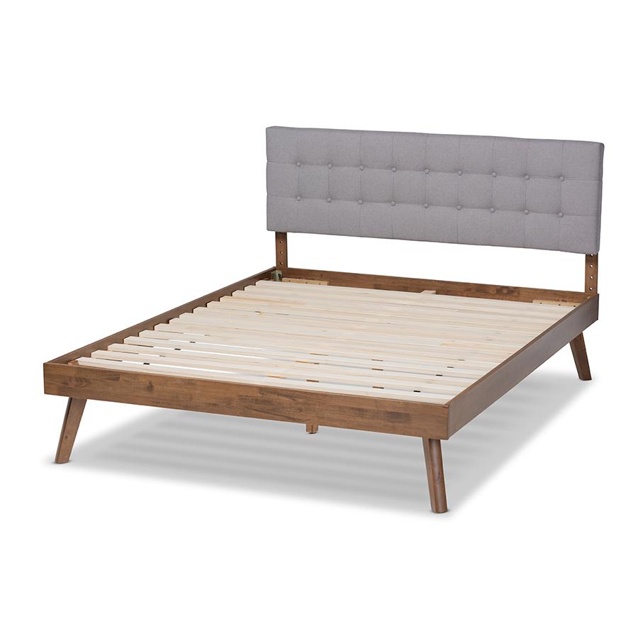 Light Grey Fabric Upholstered Walnut Brown Finished Wood King Size Platform Bed. Picture 3