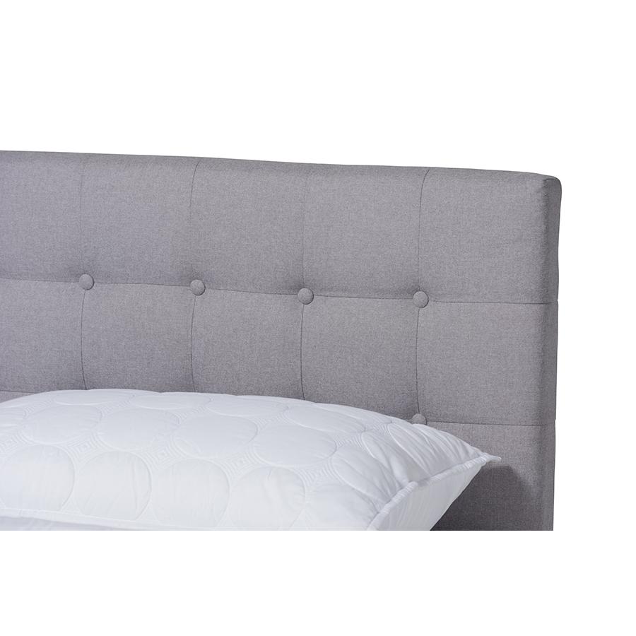 Light Grey Fabric Upholstered Walnut Brown Finished Wood King Size Platform Bed. Picture 4