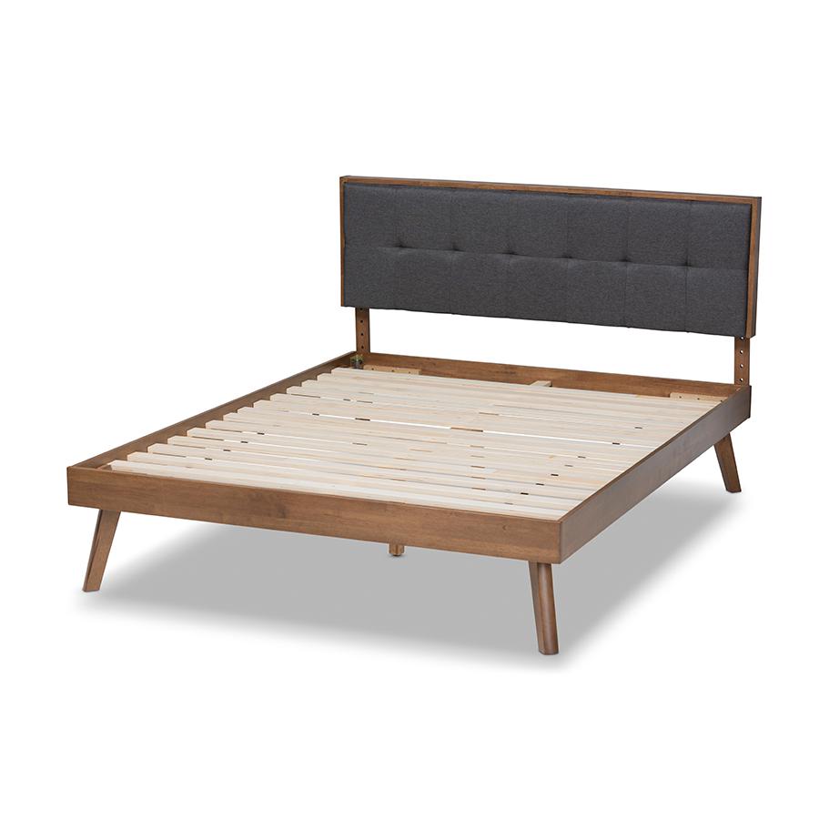 Dark Grey Fabric Upholstered Walnut Brown Finished Wood King Size Platform Bed. Picture 3