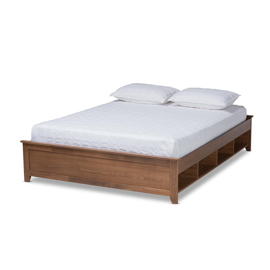 Brown Finished Wood King Size Platform Storage Bed Frame with Built-In Shelves. Picture 1
