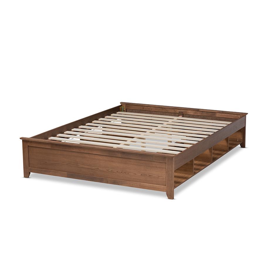 Brown Finished Wood King Size Platform Storage Bed Frame with Built-In Shelves. Picture 3
