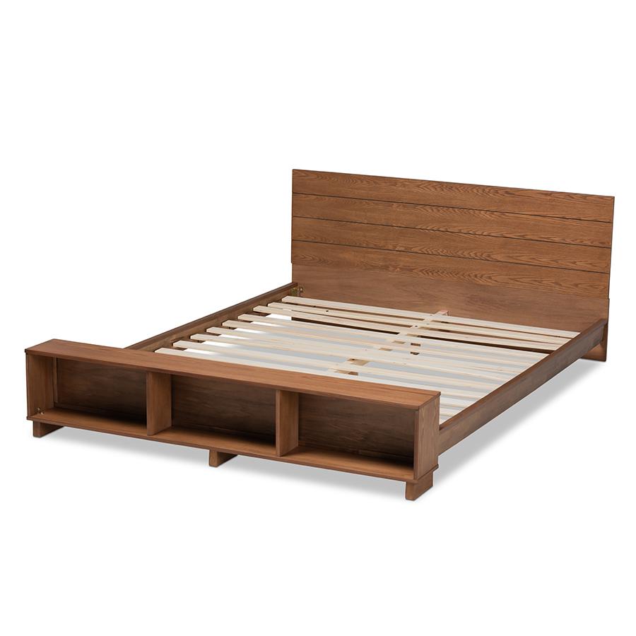 Walnut Brown Finished Wood King Size Platform Storage Bed with Built-In Shelves. Picture 3