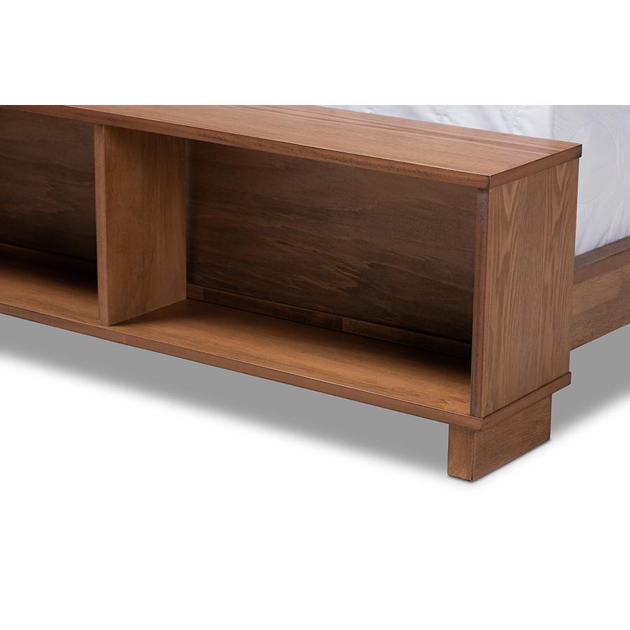 Walnut Brown Finished Wood King Size Platform Storage Bed with Built-In Shelves. Picture 5