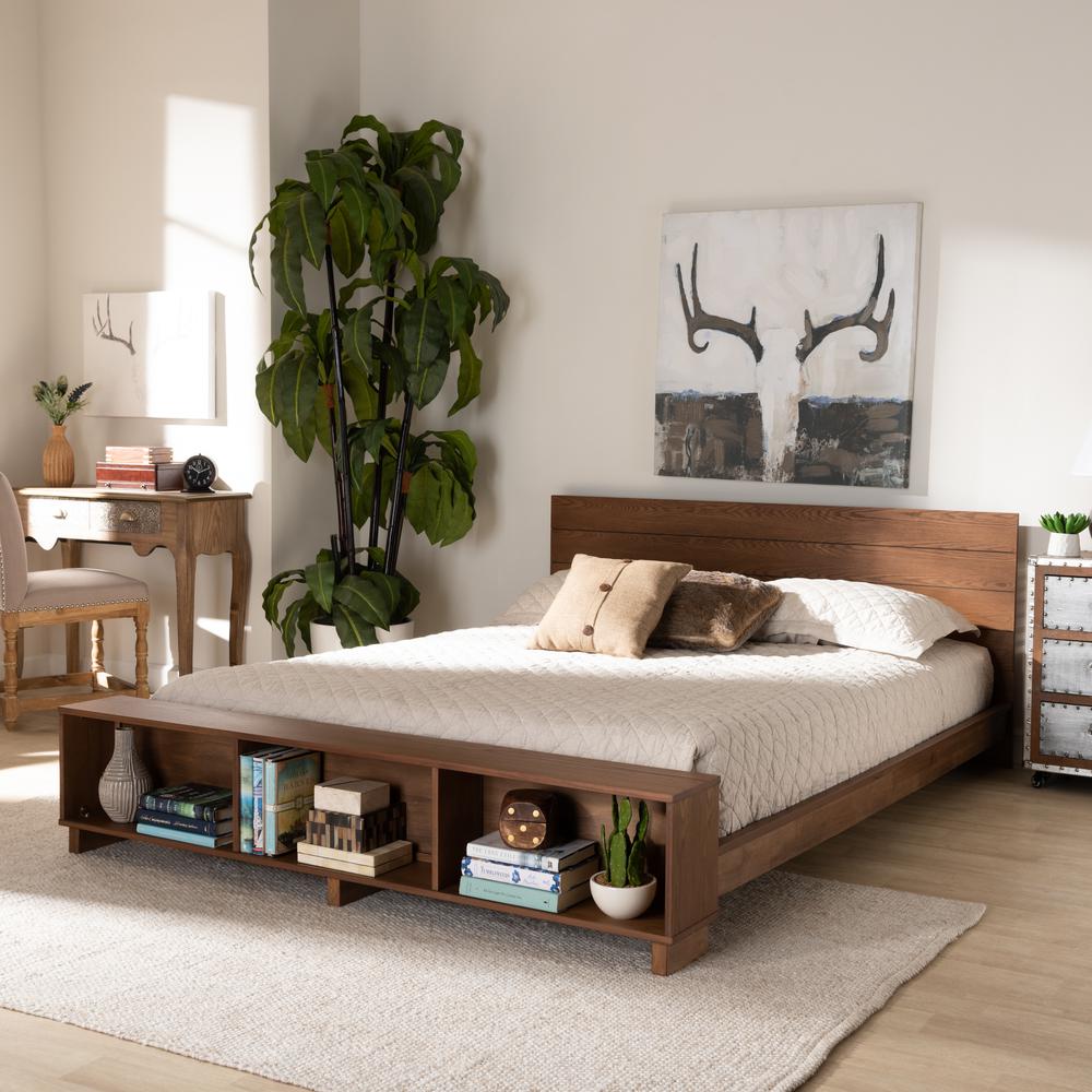 Walnut Brown Finished Wood Queen Size Platform Storage Bed with Built-In Shelves. Picture 16