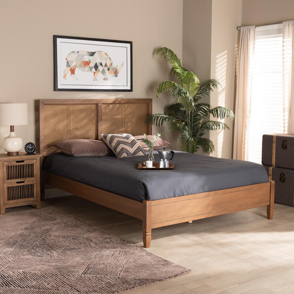 Walnut Brown Finished Wood and Synthetic Rattan Queen Size Platform Bed. Picture 16