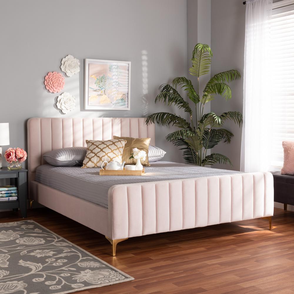 Nami Modern Contemporary Glam and Luxe Light Pink Velvet Fabric Upholstered and Gold Finished King Size Platform Bed. Picture 6