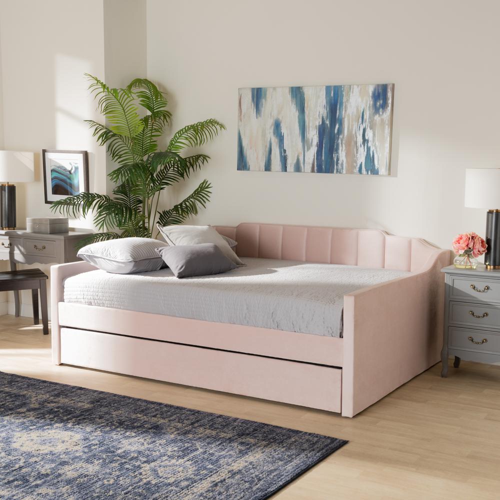 Pink Velvet Fabric Upholstered Queen Size Daybed with Trundle. Picture 18
