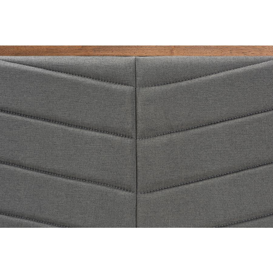 Dark Grey Fabric Upholstered and Walnut Brown Finished Wood Queen Size Headboard. Picture 3