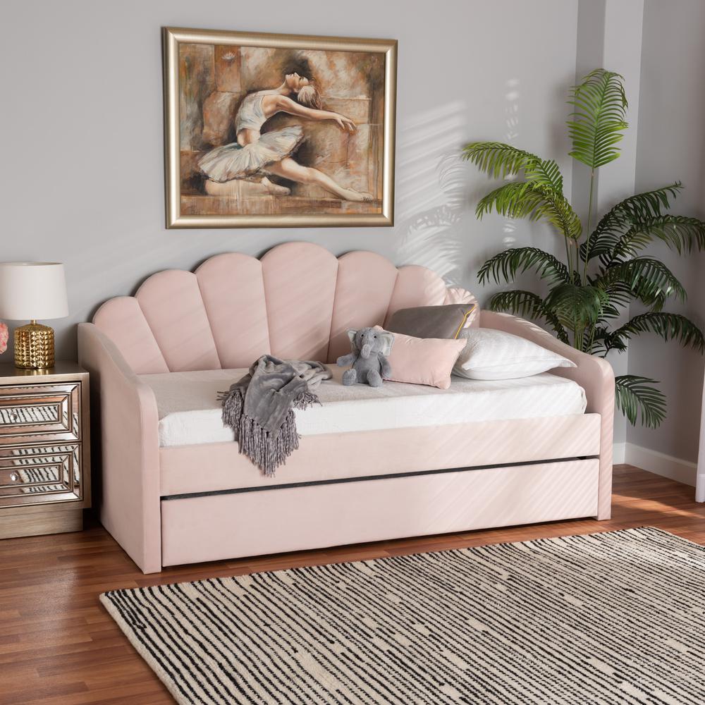 Light Pink Velvet Fabric Upholstered Twin Size Daybed with Trundle. Picture 22