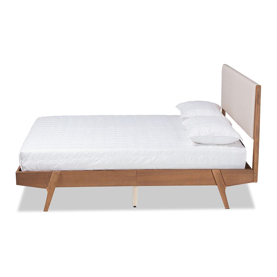 Beige Fabric Upholstered and Walnut Brown Finished Wood King Size Platform Bed. Picture 2