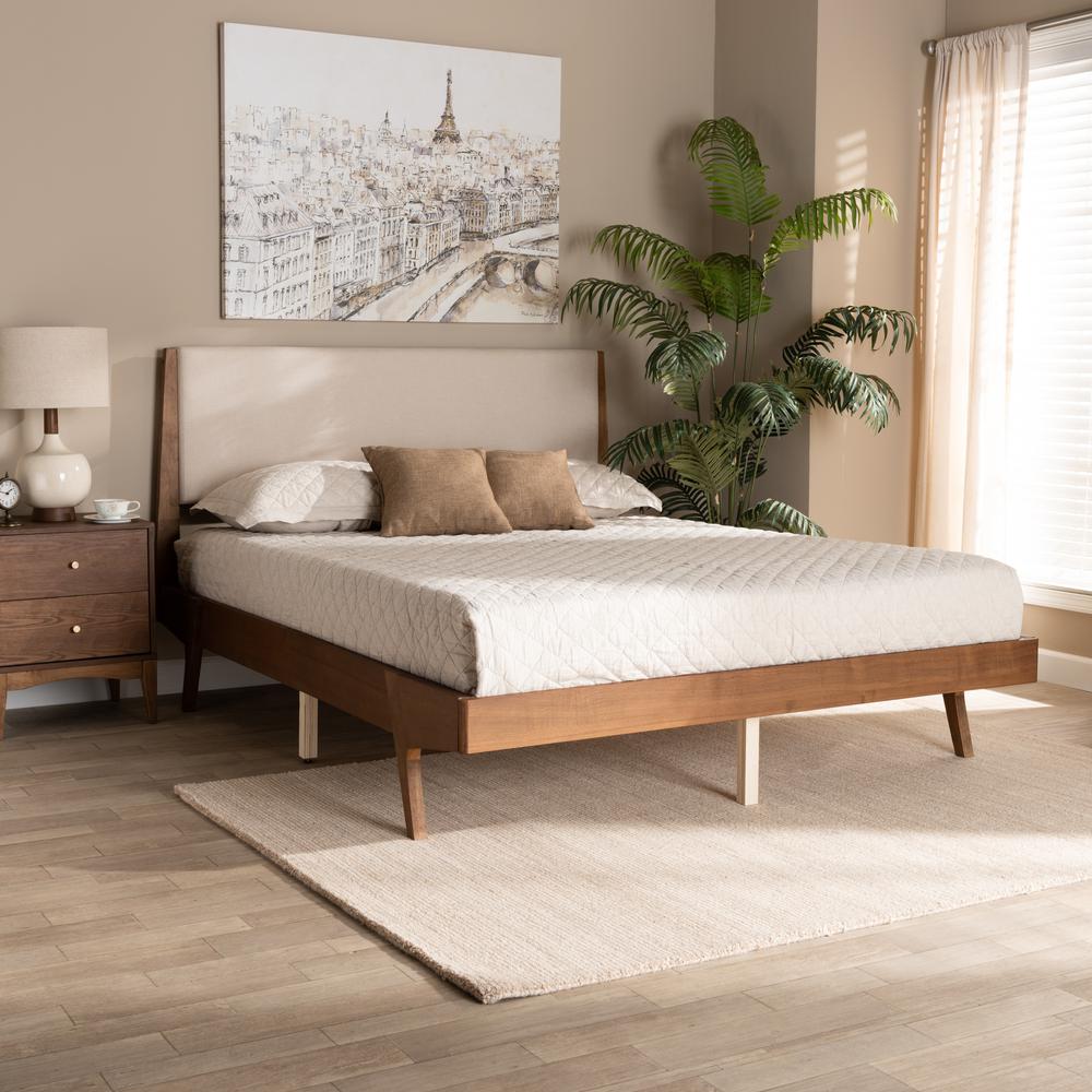 Beige Fabric Upholstered and Walnut Brown Finished Wood Queen Size Platform Bed. Picture 18