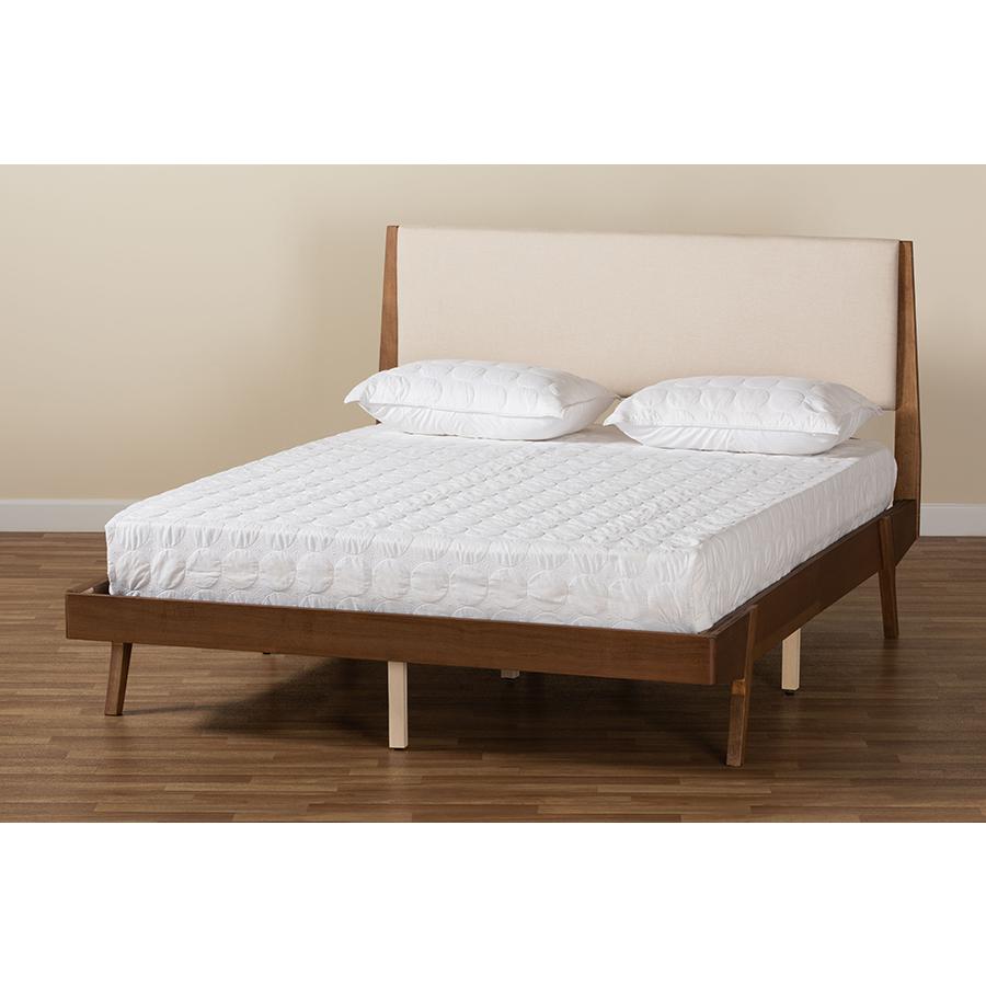 Beige Fabric Upholstered and Walnut Brown Finished Wood King Size Platform Bed. Picture 8