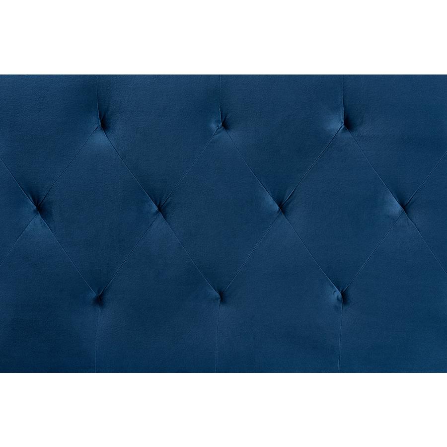 Navy Blue Velvet Fabric Upholstered King Size Headboard. Picture 3
