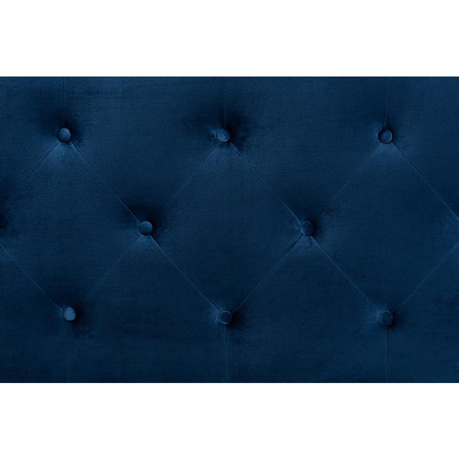 Navy Blue Velvet Fabric Upholstered King Size Headboard. Picture 3