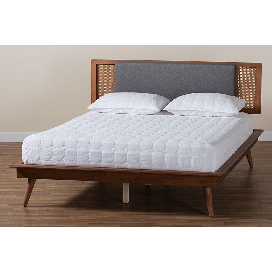 Modern Dark Grey Fabric and Walnut Brown Finished Wood King Size Platform Bed. Picture 8