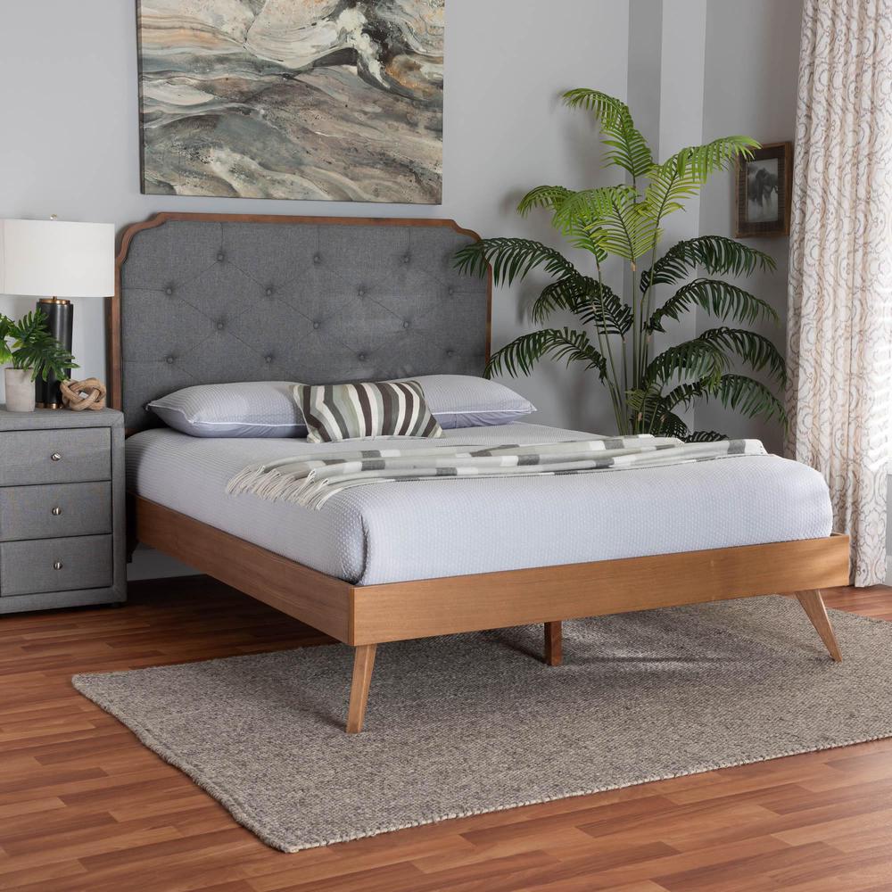 Grey Fabric and Walnut Brown Wood King Size Platform Bed. Picture 18