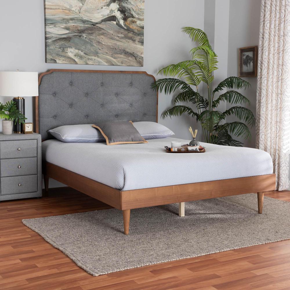 Grey Fabric and Walnut Brown Wood King Size Platform Bed. Picture 18