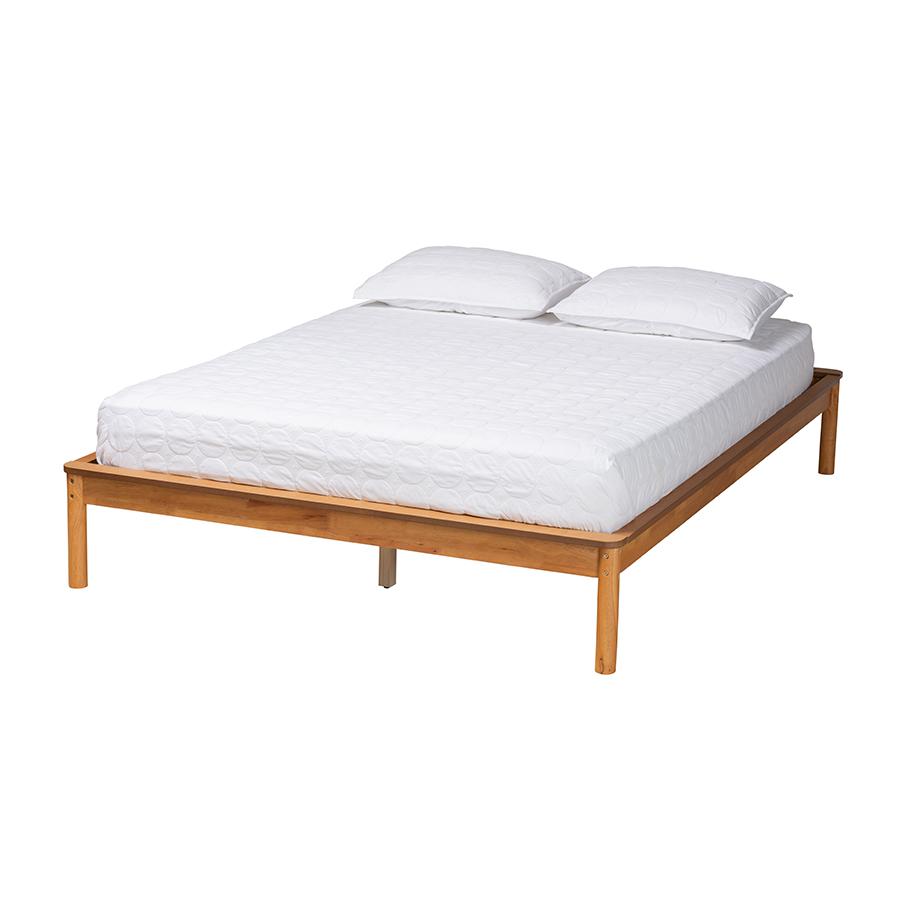 Efren Mid-Century Modern Honey Oak Finished Wood Queen Size Bed Frame. Picture 1