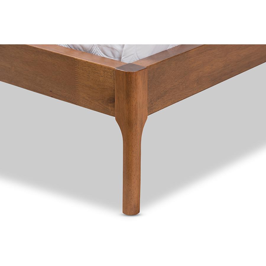 Brooklyn Mid-Century Modern Walnut Wood Beige Fabric King Size Platform Bed. Picture 6