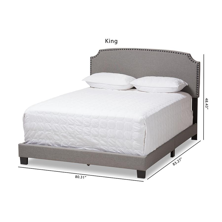 Odette Modern and Contemporary Light Grey Fabric Upholstered King Size Bed. Picture 10