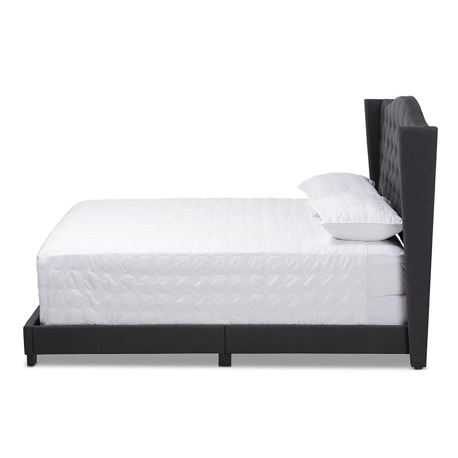 Alesha Modern and Contemporary Charcoal Grey Fabric Upholstered King Size Bed. Picture 2