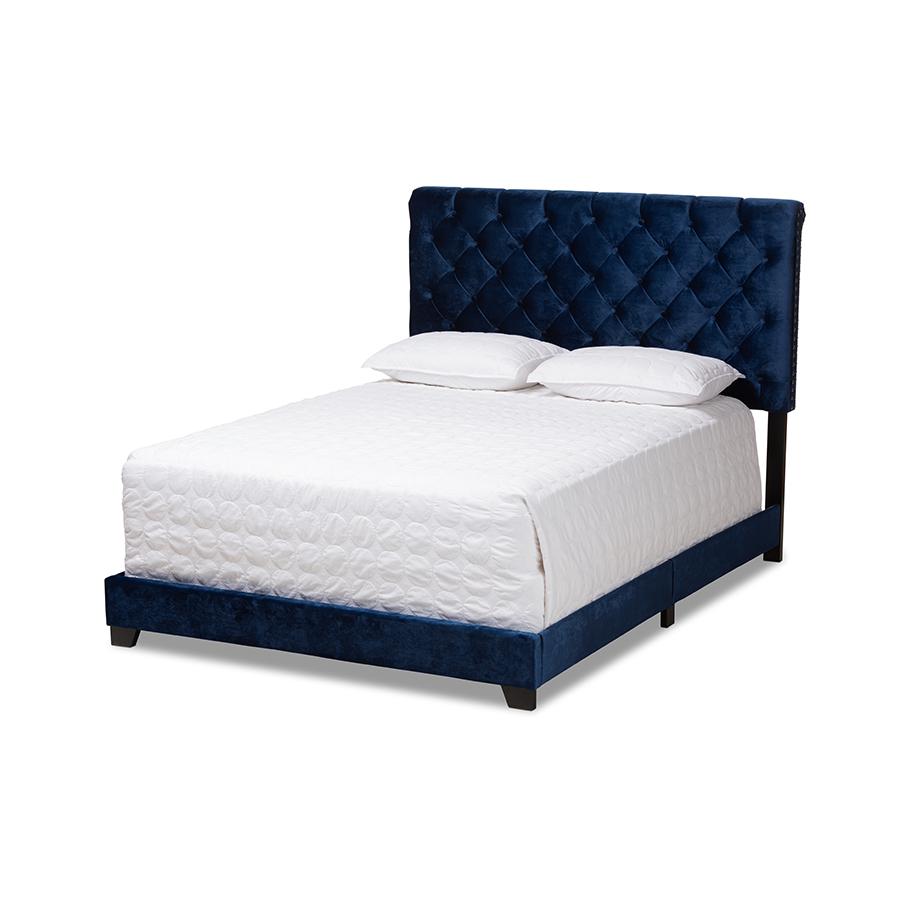 Baxton Studio Candace Luxe and Glamour Navy Velvet Upholstered King Size Bed. Picture 1