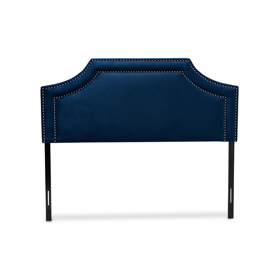 Navy Blue Velvet Fabric Upholstered King Size Headboard. Picture 2