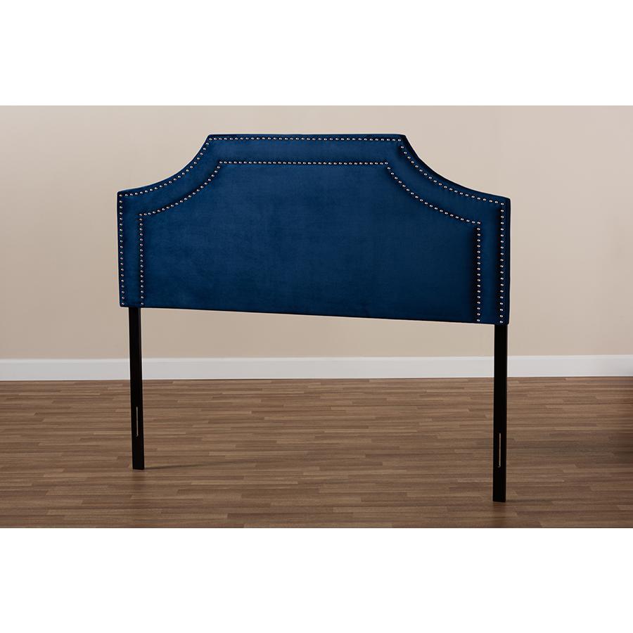 Navy Blue Velvet Fabric Upholstered King Size Headboard. Picture 5