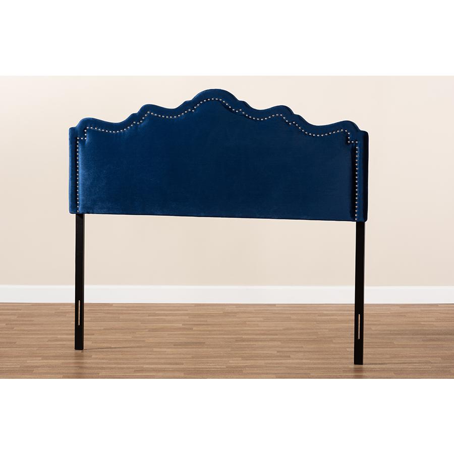 Royal Blue Velvet Fabric Upholstered King Size Headboard. Picture 5
