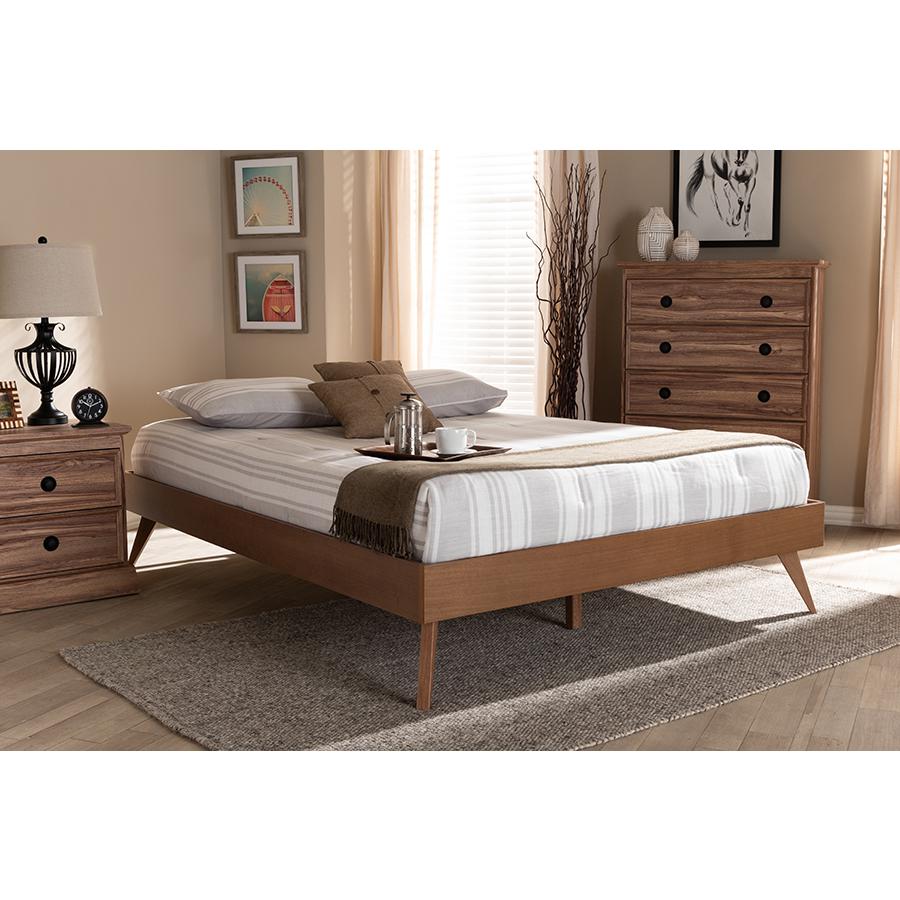 Mid-Century Modern Walnut Brown Finished Wood Queen Size Platform Bed Frame. Picture 5