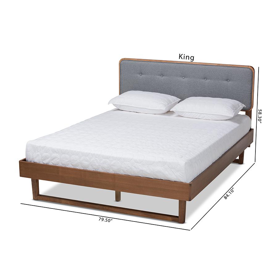 Dark Grey Fabric Upholstered and Ash Walnut Finished Wood King Size Platform Bed. Picture 10