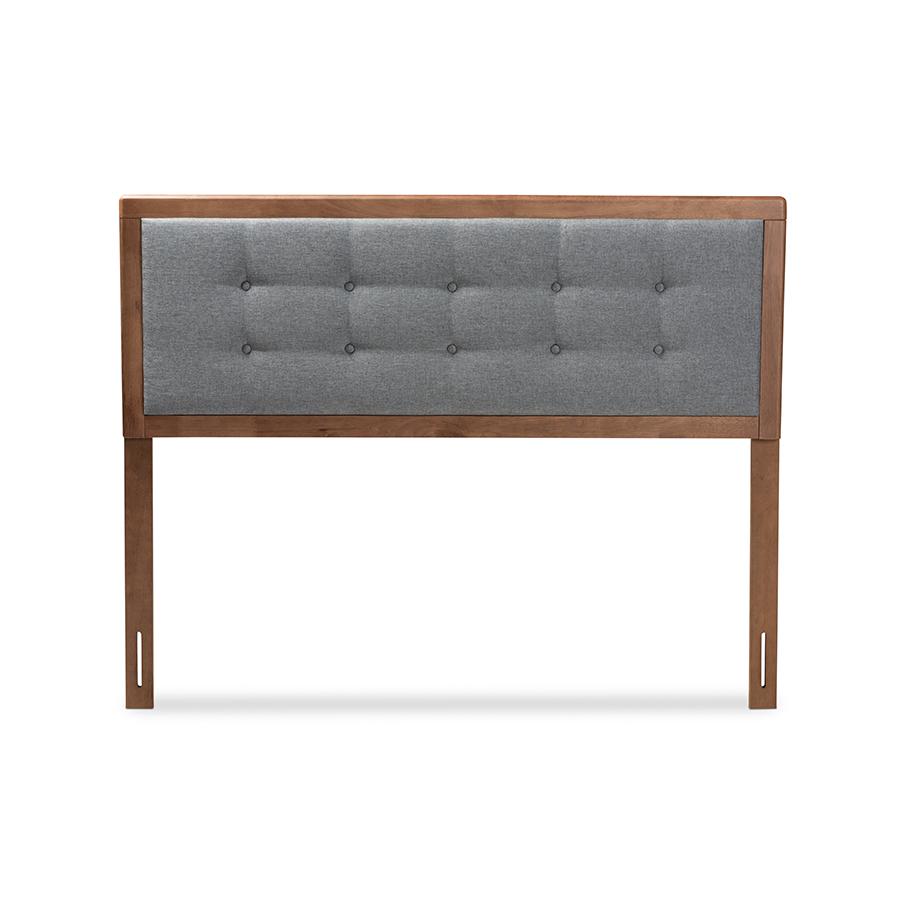 Dark Grey Fabric Upholstered Walnut Brown Finished Wood King Size Headboard. Picture 2