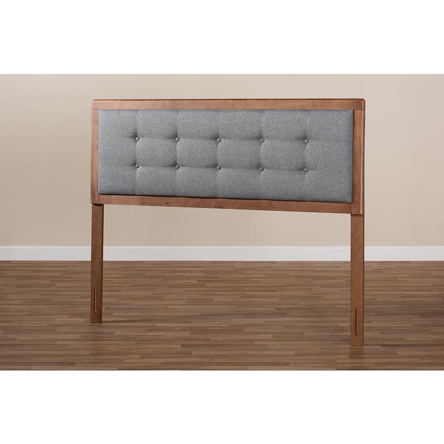 Dark Grey Fabric Upholstered Walnut Brown Finished Wood King Size Headboard. Picture 5
