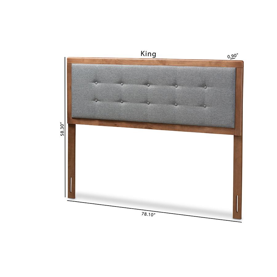 Dark Grey Fabric Upholstered Walnut Brown Finished Wood King Size Headboard. Picture 8