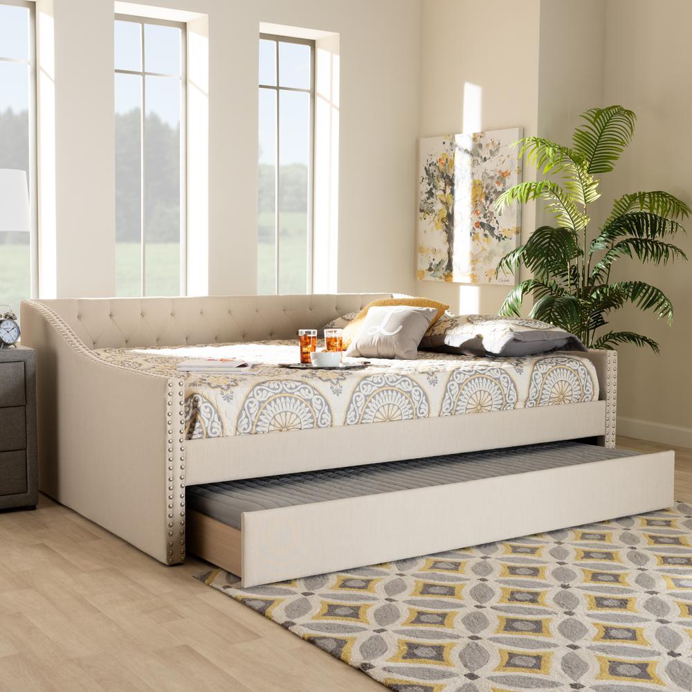 Beige Fabric Upholstered Queen Size Daybed with Roll-Out Trundle Bed. Picture 21