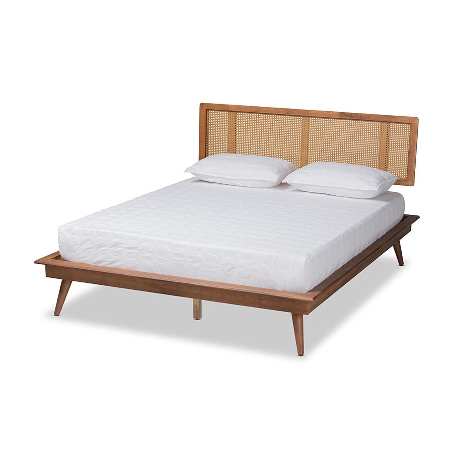 Walnut Brown Finished Wood and Synthetic Rattan King Size Platform Bed. Picture 1